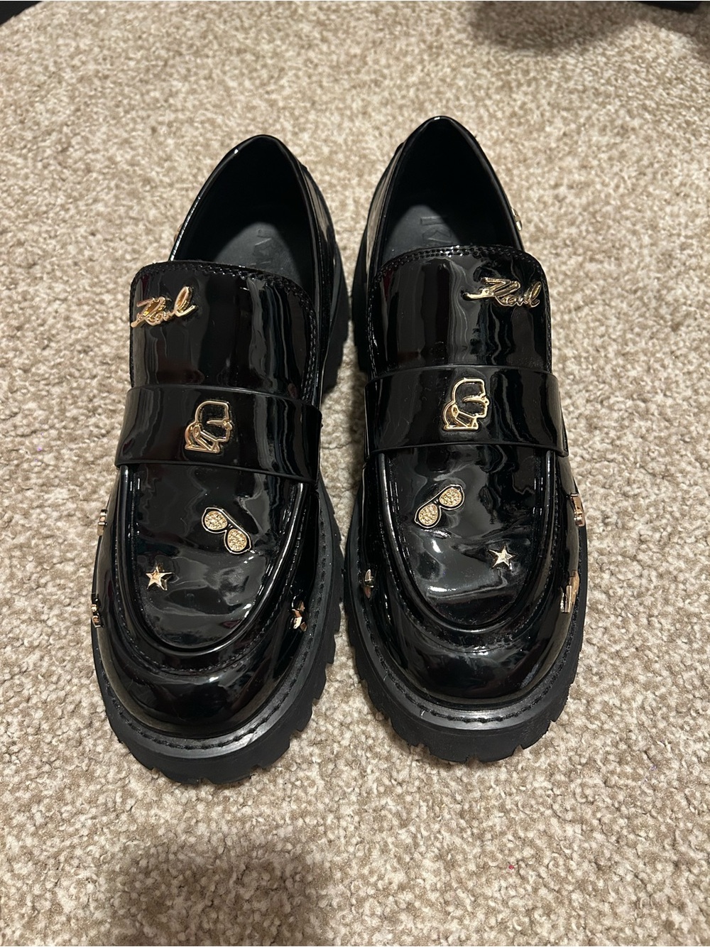 Karl Lagerfeld Black Patent Loafers with Gold Embellishments